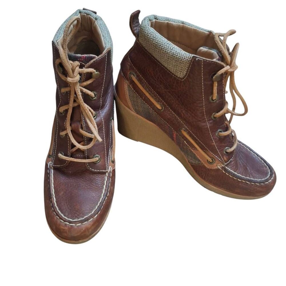 Sperry Bailey Wedge Leather Booties โ Brown Plaid Ankle Boots (Womenโs 9)